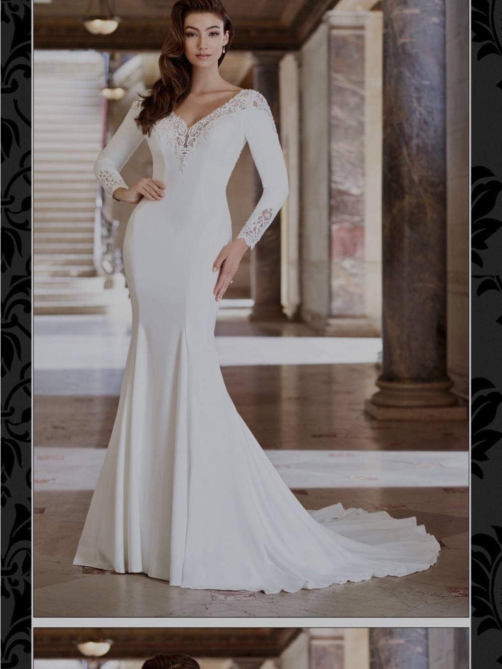 Mon Cheri Ivory Long-Sleeve Lace V-Neck Mermaid Wedding Gown